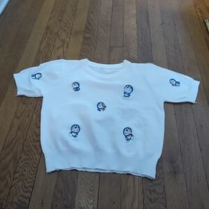White Doraemon embroidered ribbed cotton t-shirt no size fits like XS